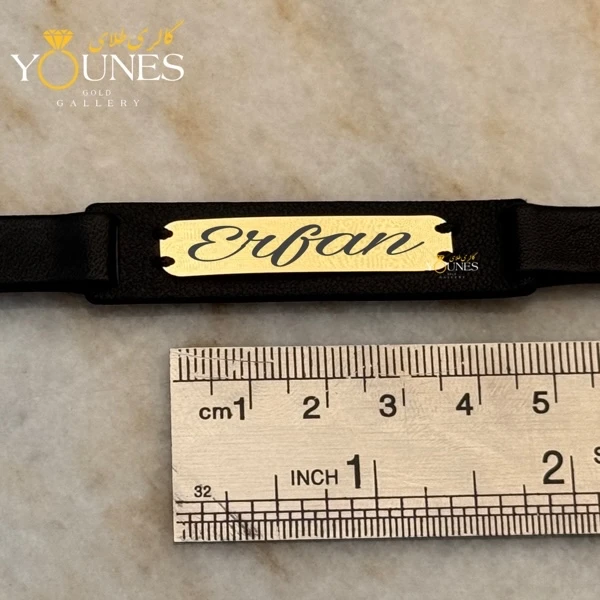 دستبند چرم مردانه طلا حکاکی اسم Erfan عرفان